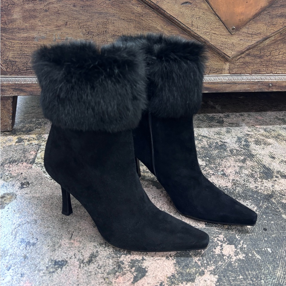 Stuart Weitzman 1990s Black Rabbit Fur-Trimmed Heeled Boots